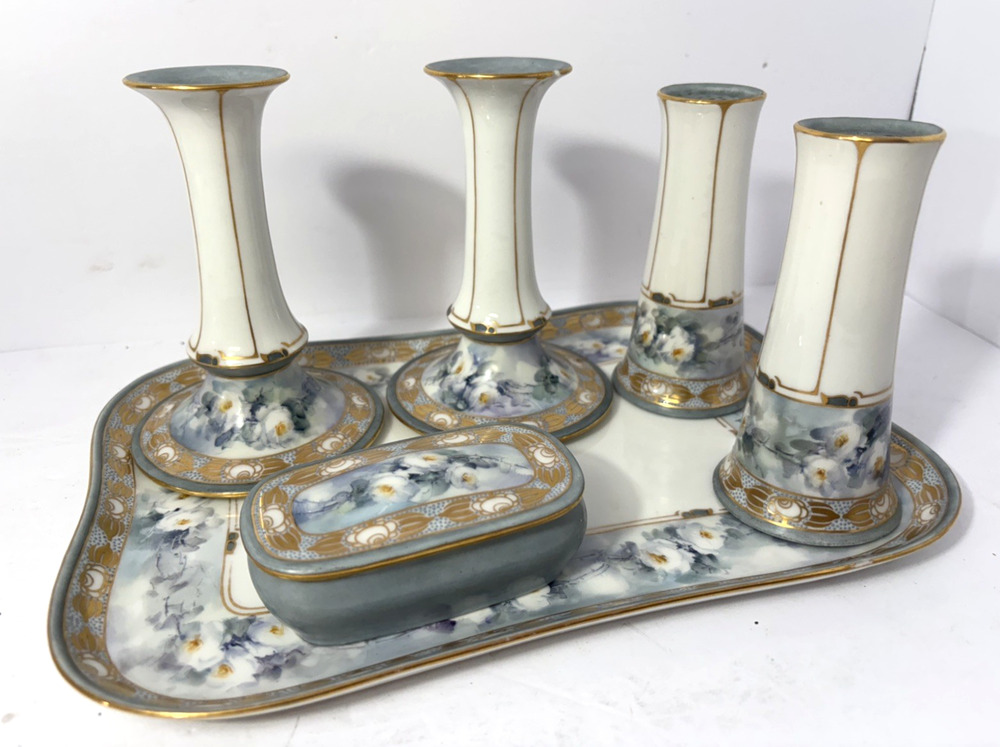 Antique Limoges France Porcelain Vanity Set 6-Piece Handpainted Floral Gold Trim